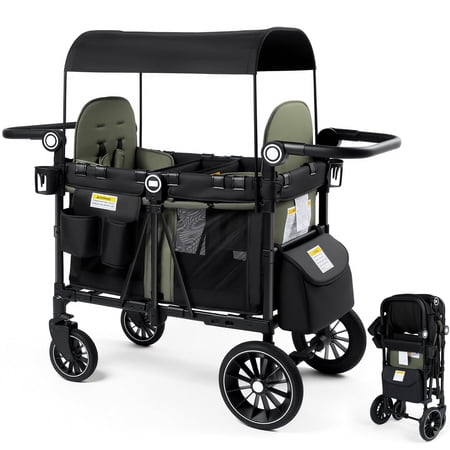LINLUX 2 Kids Wagon Stroller, Foldable Outdoor 2-Seat Stroller Wagon, Removable Canopy, 55 Pound, Green