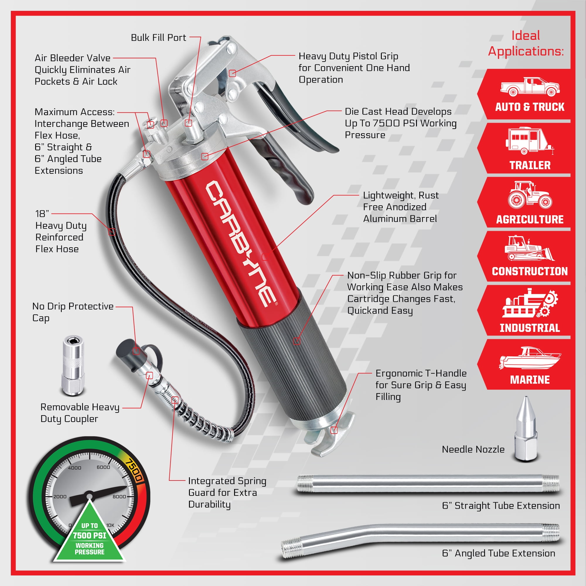 Carbyne Grease Gun, Pistol Grip, 7500 Psi, Anodized Aluminum Barrel, 3-Way Loading, 18 in. Hose, Straight and Angled Tubes, Needle Nozzle, Coupler