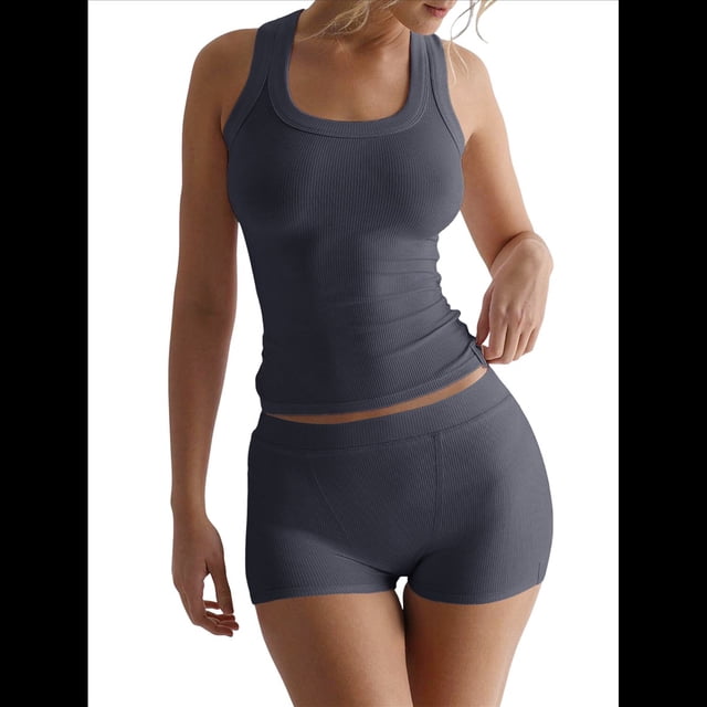 Conjunto de Shorts Deportivos Ajustados para Mujer: Top Sin Mangas y Shorts Gris Oscuro XL