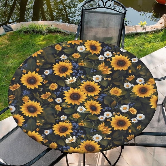 Round Fitted Tablecloth with Elastic Edge, 36"-60" Waterproof Stain Resistant Table Cover for Indoor, Outdoor, Picnic, Dining, Camping, Party, Holiday, 44inch, Sunflower Daisy