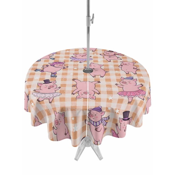 Outdoor Tablecloth with Umbrella Hole for Patio/Picnic/Party/Camping, Pink Pigs Waterproof Table Cloth Round Cover Washable, Orange Checkered Farmhouse Art Plaid Elegant Animals (Dia 60")