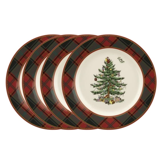 Spode Christmas Tree Tartan 7.75" Salad Plate, Set of 4 - Festive Table Setting for Parties & Gatherings, Holiday Plate for Appetizers, Desserts or Salads - Dishwasher & Microwave Safe Earthenware