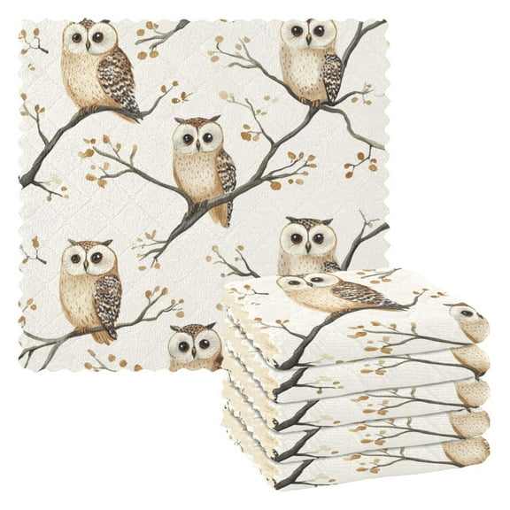 6 Pieces of Kitchen Towels 11x11Inch Kitchen Dish Cloths Kitchen Dish Towels Reuseable Cleaning Cloths Beautiful Brown Cartoon Owl