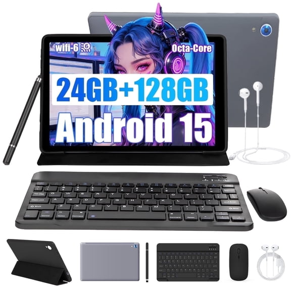 AEEZO 10 Inch Tablet with Keyboard and Mouse Set, 24GB RAM 128GB ROM, WiFi 6 for Student & Office, Gray