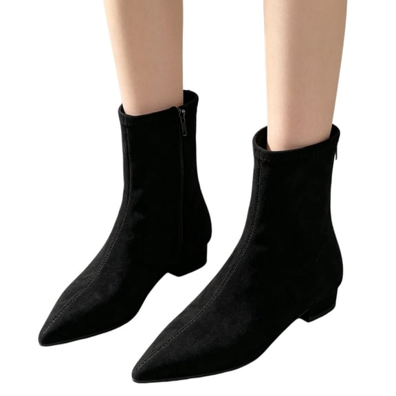 Willtoo Women Faux Suede Pointed Toe Ankle Boots Low Flat Heel Stretch Short Sock Booties with Back Zipper Fall Winter Fashion Dressy Comfortable Slim Fit Ankle Boots