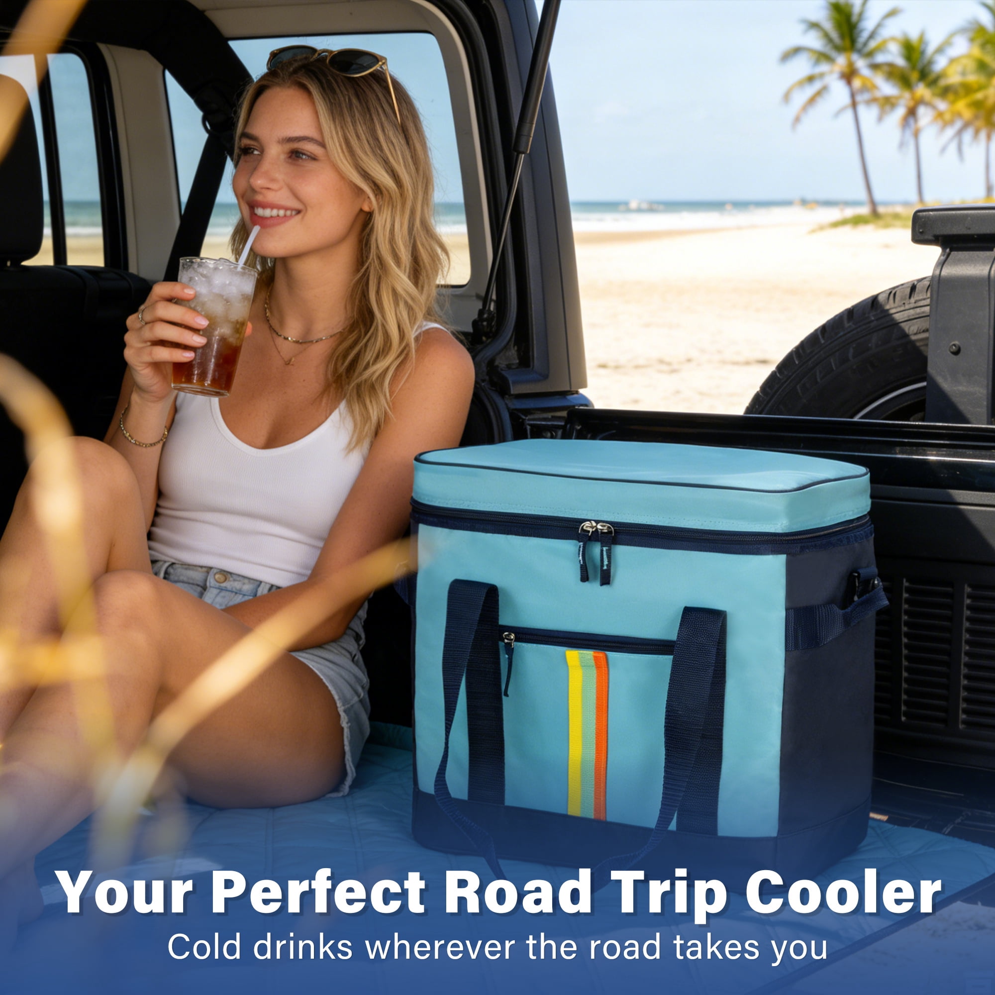 Tirrinia Large Capacity Soft Cooler Bag, Collapsible Cooler Insulated Leak Proof, Large Lunch Box for Men Women, Soft-Sided Cooler for Picnic, Grocery, Beach, Camping, Travel, 35L, Blue