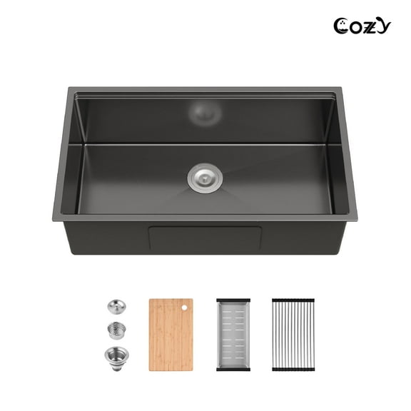 Cozy 33″x19″ Stainless Steel Kitchen Sink, Single Bowl, Undermount Handmade Sink in Black, with Cutting Board, Colander, SS-BL07D-331908-2