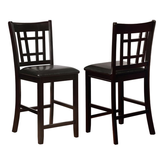 CARTESIAN Counter Height Dining Chairs with Grid Back Design, Espresso Wood Finish, Black Faux Leather Upholstered Seat, Set of 2