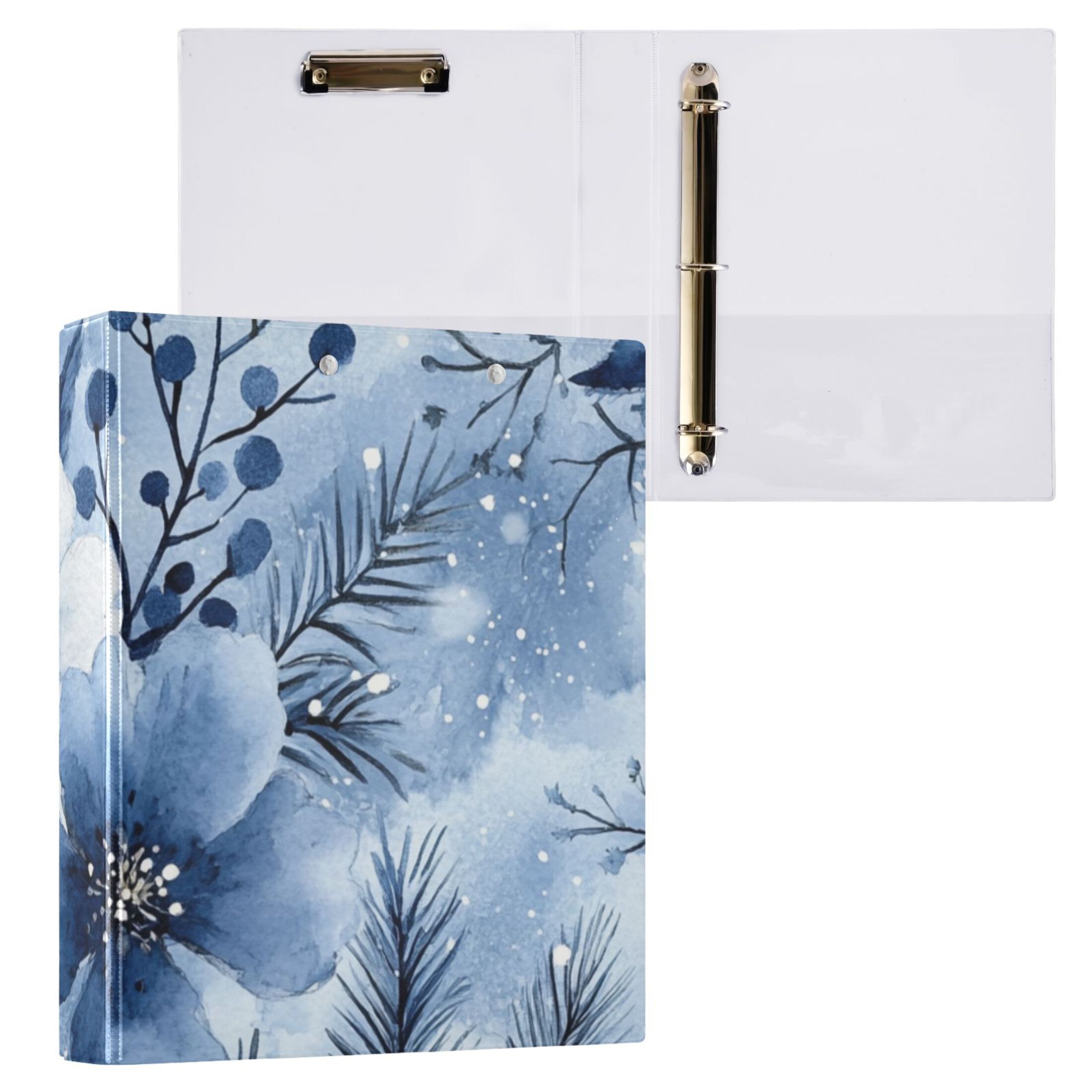 Blue and White Flowers 3 Ring Binders 1.5 inch Hardcover File Folders with Interior Pockets A4 Size Organizer for School Office Hospital