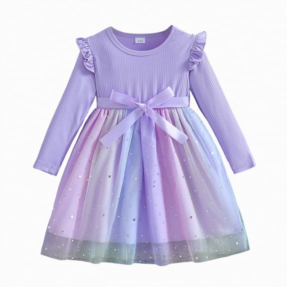 CAICJ98 Toddler Girls Tutu Dress Princess Tulle Long Sleeve Bowknot Birthday Party Dresses for Girls (4-5 Years,Purple)