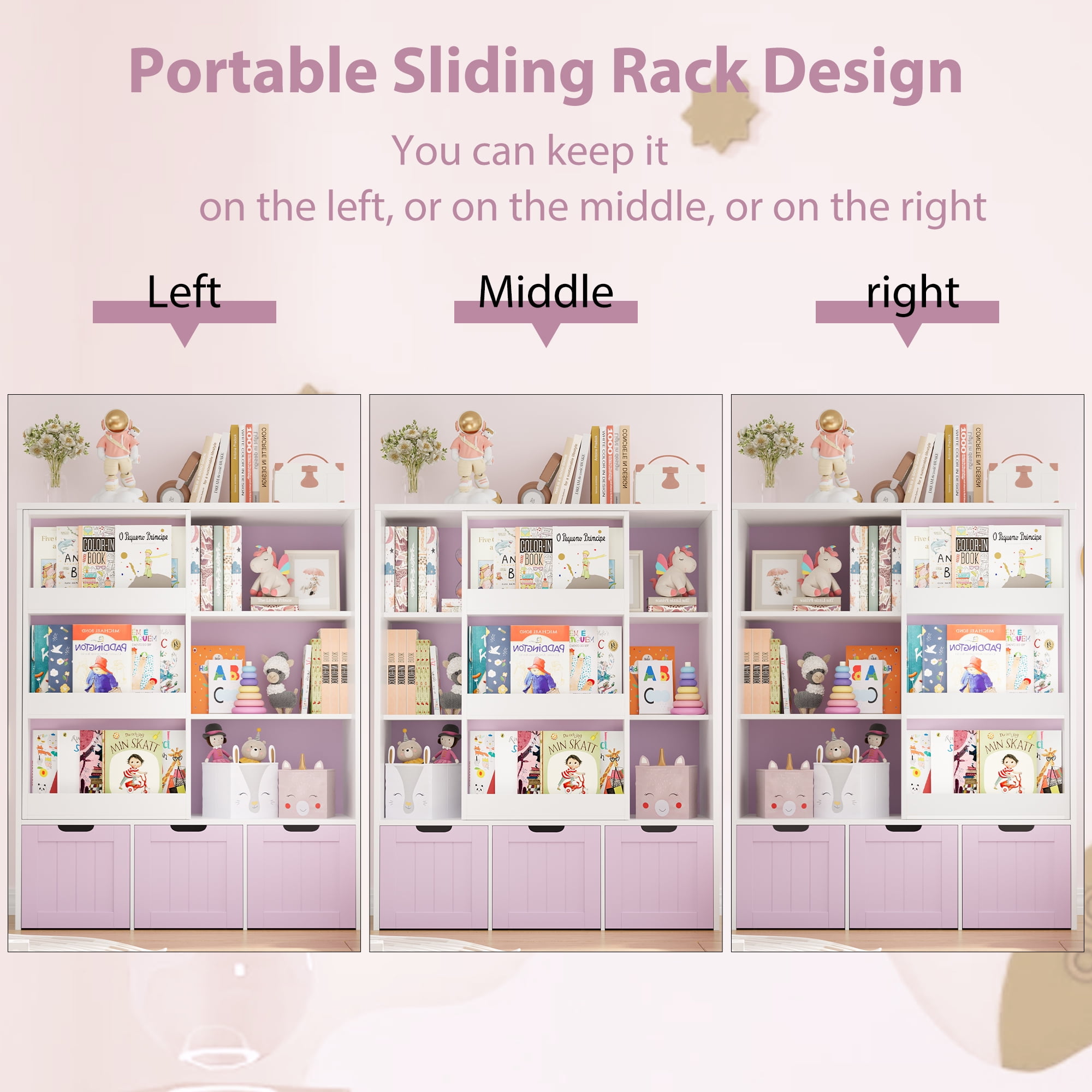 Homfa 6 Cube Toy Storage, Cube Organizer with Sliding Rack, 3 Drawer Kids Bookcase and Bookshelf, Pink