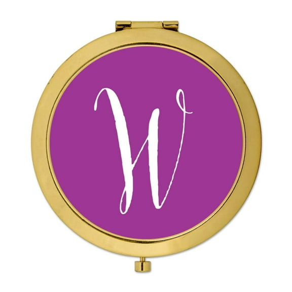 Koyal Wholesale Gold Compact Mirror Bridesmaid's Wedding Gift, Plum Purple, Monogram Letter W, 1-Pack