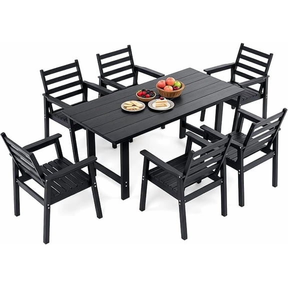7 Piece HDPE Outdoor Dining Set for 6, Patio Dining Furniture Set with 2” Umbrella Hole, Weather Resistant Outdoor Table and Chairs for Garden, Poolside, Backyard, Deck
