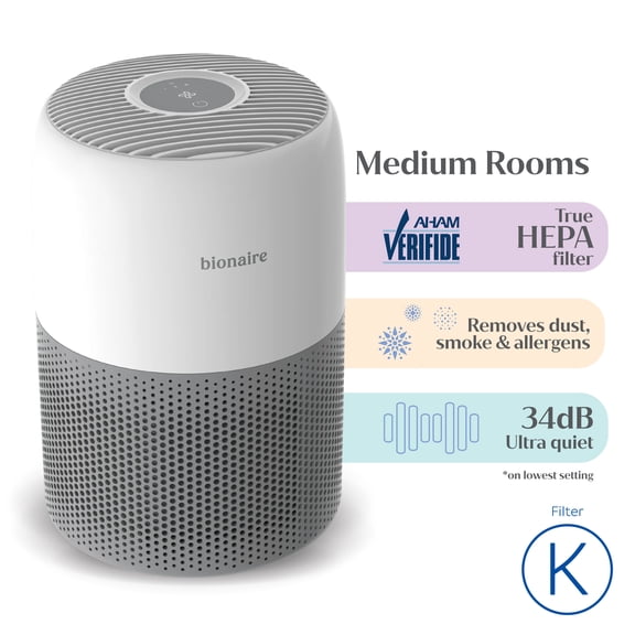 Bionaire True HEPA Air Purifier for Medium Rooms Up to 428 sq. ft with 3-Speed, 360° Air Intake and Removes 99.97% of Dust, Smoke & Allergens - White