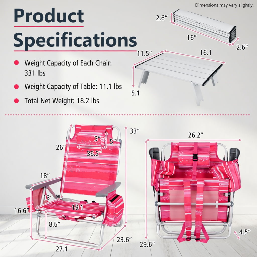 Hommoo 2-Piece Portable Outdoor Folding Beach Chair Set with Side Table, 5-Position Reclining Aluminum Chairs + Compact Folding Table, Hot Pink