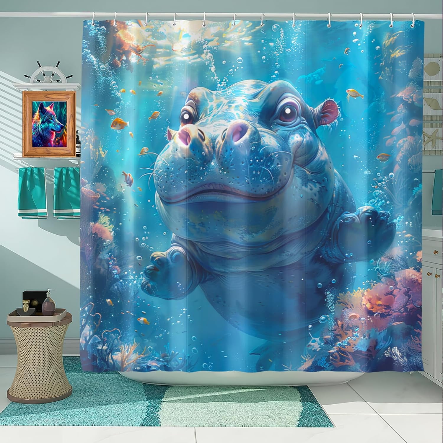 4 Pcs Shark Shower Curtain Set - Shark Bath Curtain, Blue Shark Bathroom Ocean Themed Shower Curtain for Kids Boys Girls, Sea Animal Shower Curtain with Rug, Toilet Cover, Bath Mat with 12 Hooks