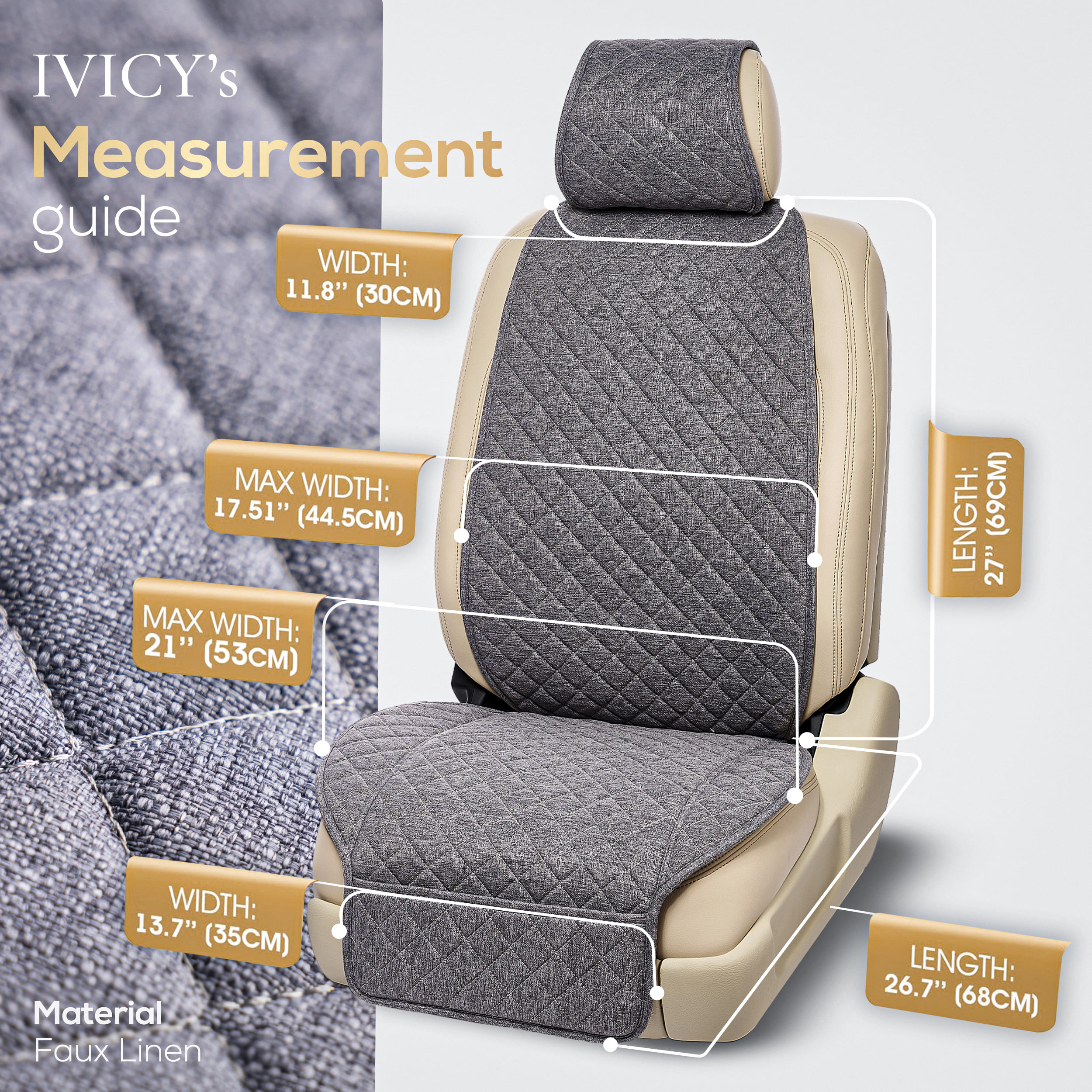 IVICY Faux Linen Front Car Seat Cover – Durable, Non-Slip Seat Protector for Cars – 1 Unit,  Gray