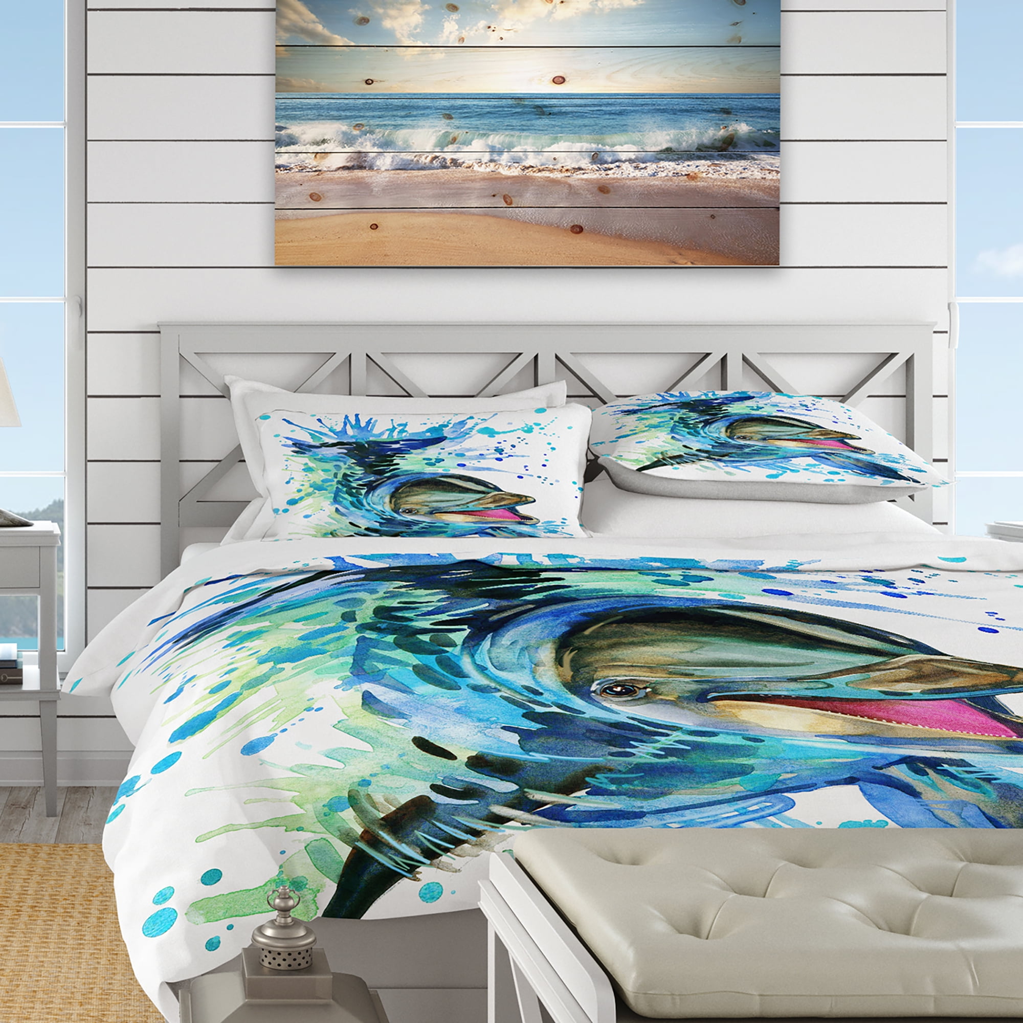 Designart 'Large Blue Dolphin Watercolor' Nautical & Coastal Duvet Cover Set