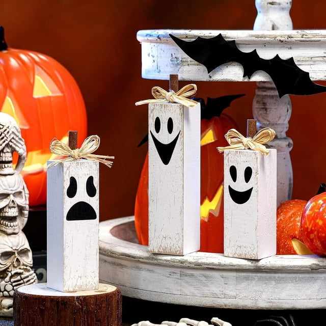WHEANG 3 Pcs Halloween Table Decor Cute Tabletop Centerpieces Halloween Wooden Block Sign Rustic Tray Decor