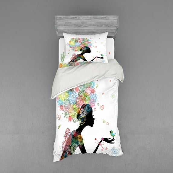 Floral Duvet Cover Set, Lady Holding a Bird Nature Themed Colorful Hairstyle, Bedding Set with Shams and Fitted Sheet, 3 Sizes, by Ambesonne