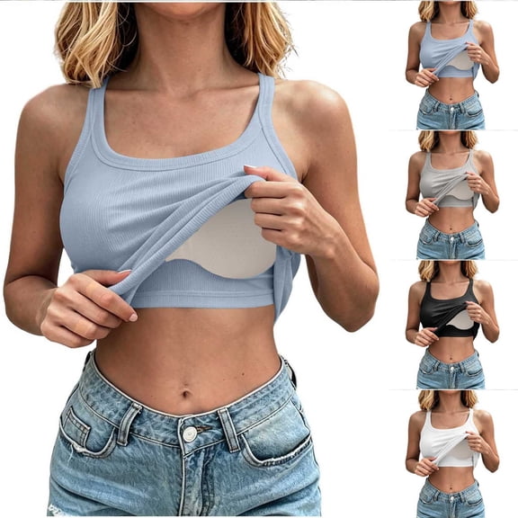 TARIENDY Racerback Workout Tank Tops for Women Built-in-Bra Ribbed Sleeveless Tops Wide Straps Scoop Neck Cami Shirts Plus Size Slim Fit Basic Shirt Light Blue XXL