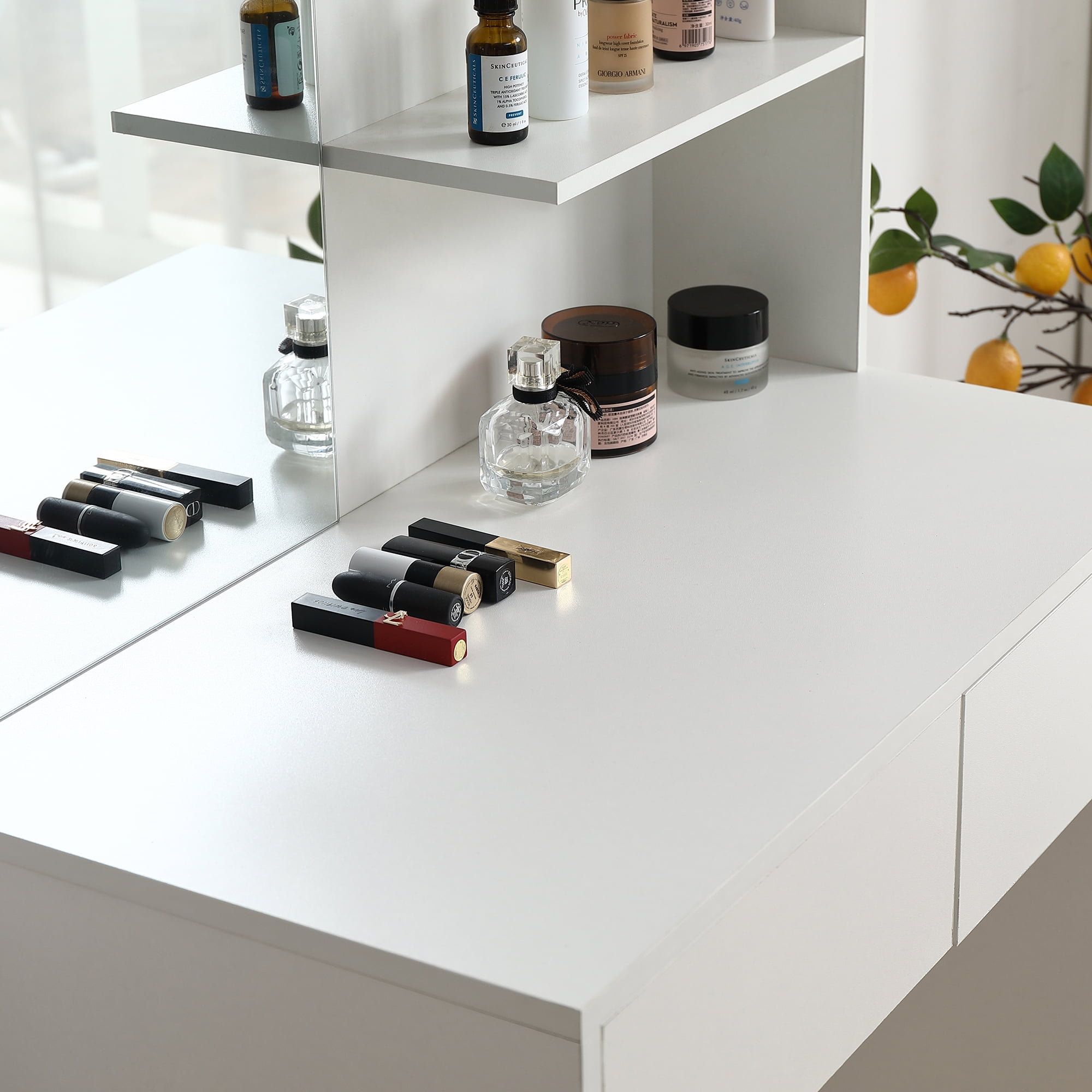Resenkos Modern Mid-Century Makeup Vanity Desk Dressing Table with Mirror&2 Drawers for Bedroom, White Resenkos Modern Mid-Century Makeup Vanity Desk Dressing Table with Mirror&2 Drawers for Bedroom, White