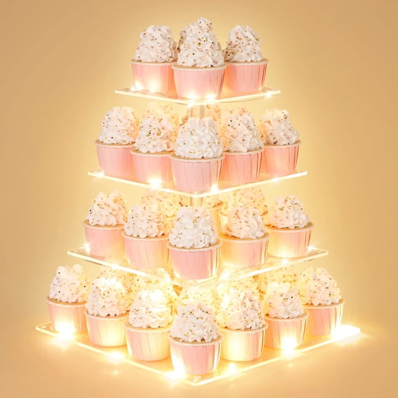 Acrylic Cupcake Stand with LED String Lights, 4 Tier Square Dessert Display Tower for Wedding Birthday Party Shower Decor, White