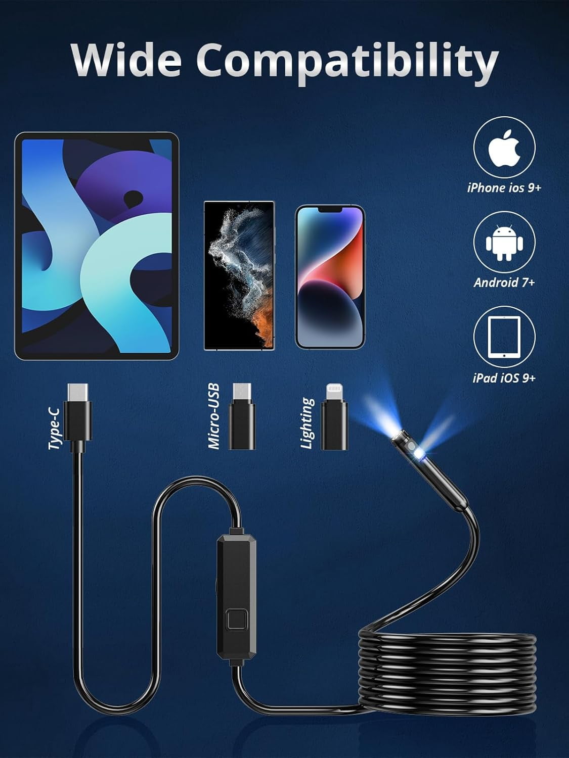 Endoscope Camera with Light, Dual-Lens 1920P HD Borescope with 8 Adjustable LED Lights, IP67 Waterproof Boroscope Inspection Camera Tools, 9.8ft Semi-Rigid Snake Camera for iOS & Android