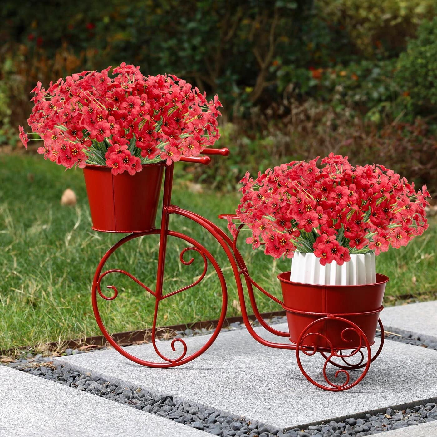 Sinhoon 18 Bundles Artificial Flowers Outdoor UV Resistant Fake Red Silk Flowers No Fade Faux Flowers for Garden Porch Patio Window Box Decoration
