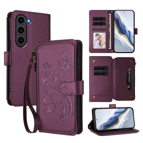 Dteck Wallet Crossbody Strap Case for Samsung Galaxy S23,Magnetic Leather TPU Card Slots Zipper Wallet Case Shockproof Kickstand Cover with Detachable Wrist Strap / Shoulder Strap,Darkpurple