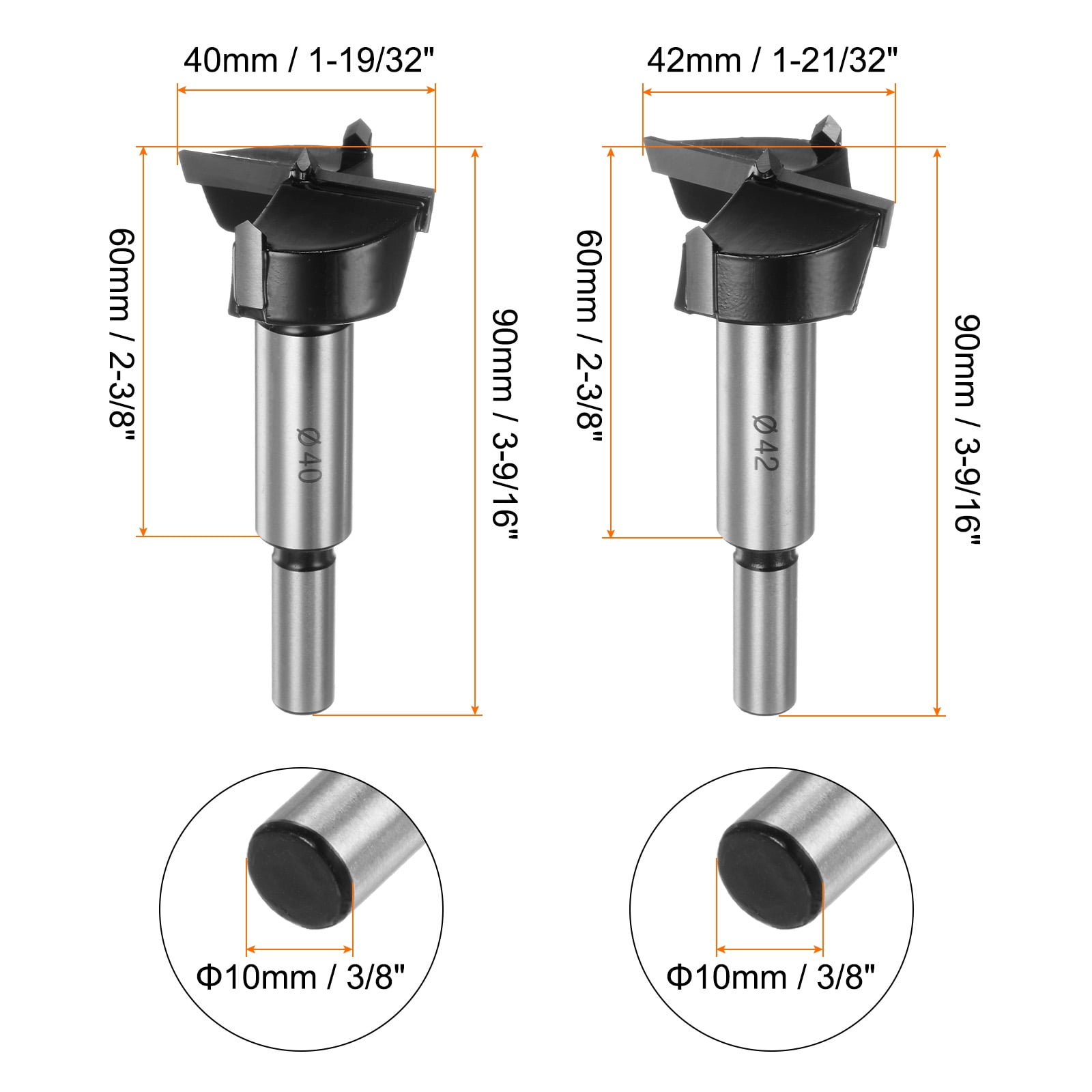 Uxcell 2 Packs 40mm 42mm (1-19/32" 1-21/32") Tungsten Carbide Wood Hinge Drilling Forstner Drill Bit Set