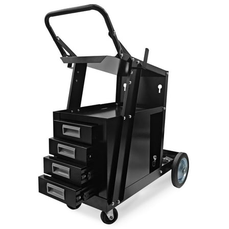2-Tier Welding Cart,  4 Drawers Welder Cart with 220 LBS Weight Capacity, 360° Swivel Wheels, Heavy Duty Rolling MIG Welder Cart for Mig Welder and Plasma Cutter, Tank Storage Safety Chains