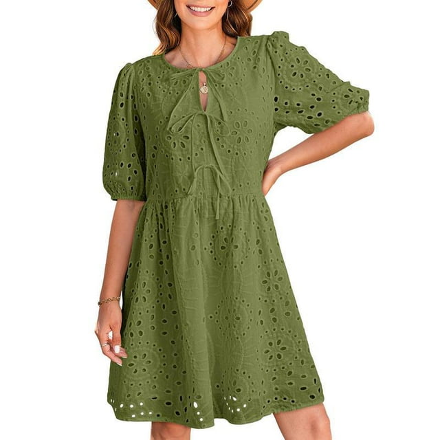 Summer Dresses for Women Tie Front V Neck Short Puff