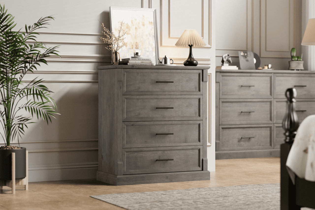 TROPOW Farmhouse 4 Drawer Dresser for Bedroom, Tall Chest of Drawers with Metal Handles, Rustic Wooden Dresser TV Stand, for Living Room, Hallway, Grey