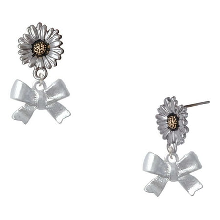 Delight Jewelry Silver-tone 3-D Textured Bow – Two-tone Daisy Flower Post Earrings