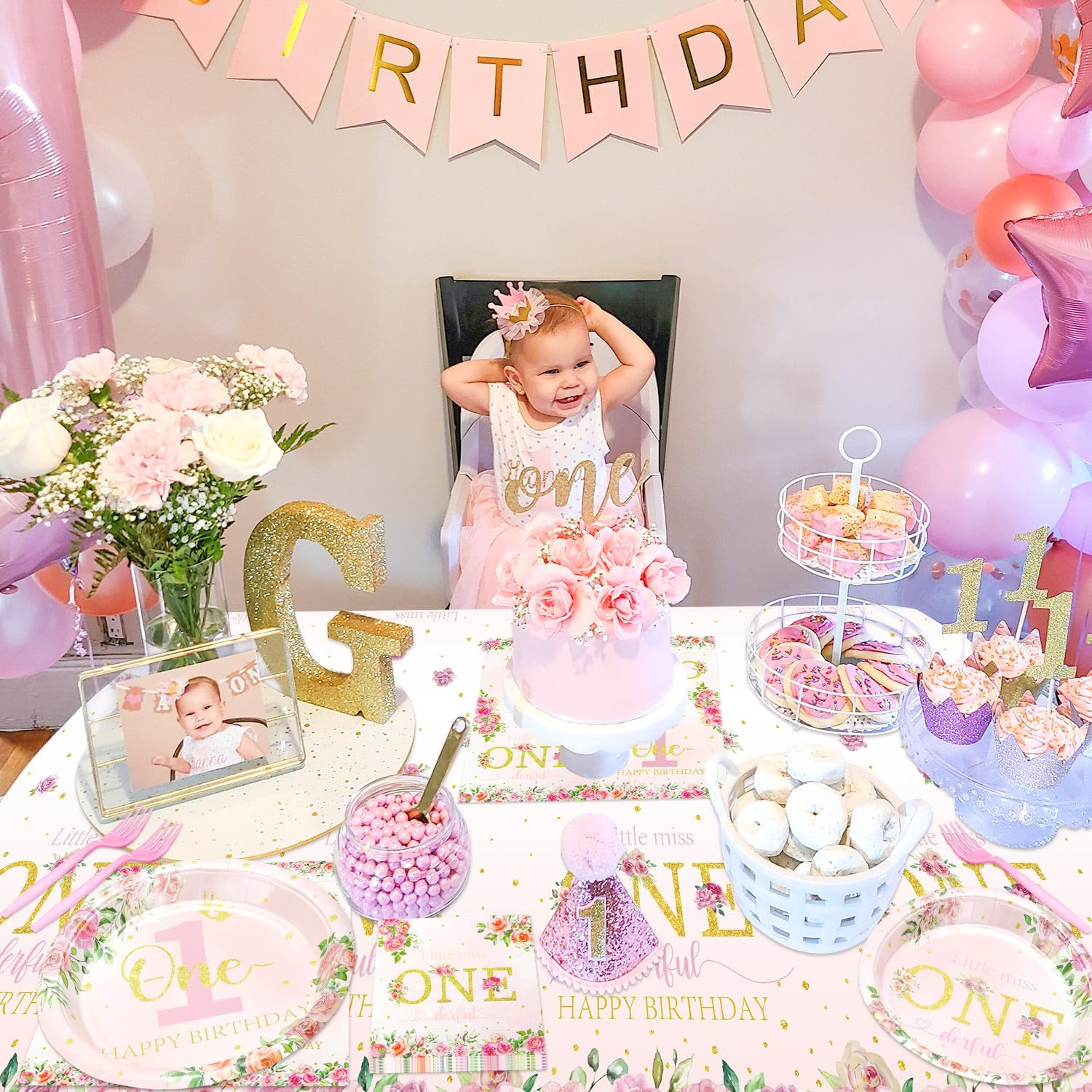 Miss Onederful 1st Birthday Party Supplies for 40 Guests - Disposable Tableware Set Includes Plates, Napkins, Forks, Tablecloths - Girls Baby First Birthday Party Decorations