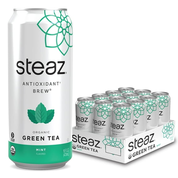 Steaz Organic Iced Green Tea Antioxidant Brew, Mint, 16 Fl Oz, Pack of 12