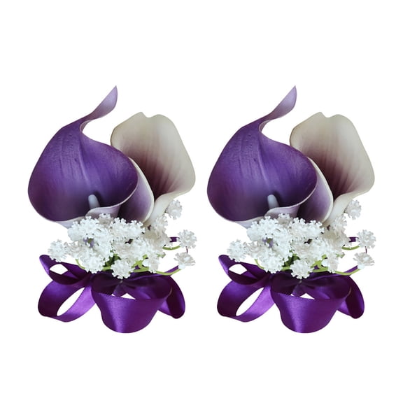 2-Pack Purple Artificial Calla Lily Wedding Corsage Set - PU Bridesmaid Wrist Flower & Brooch for Wedding Party, Bride Accessories