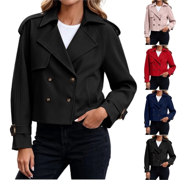 Tqcoqu Women's Cropped Double Breasted Trench Coat,Lapel Long Sleeve Casual Short Jacket With Pockets