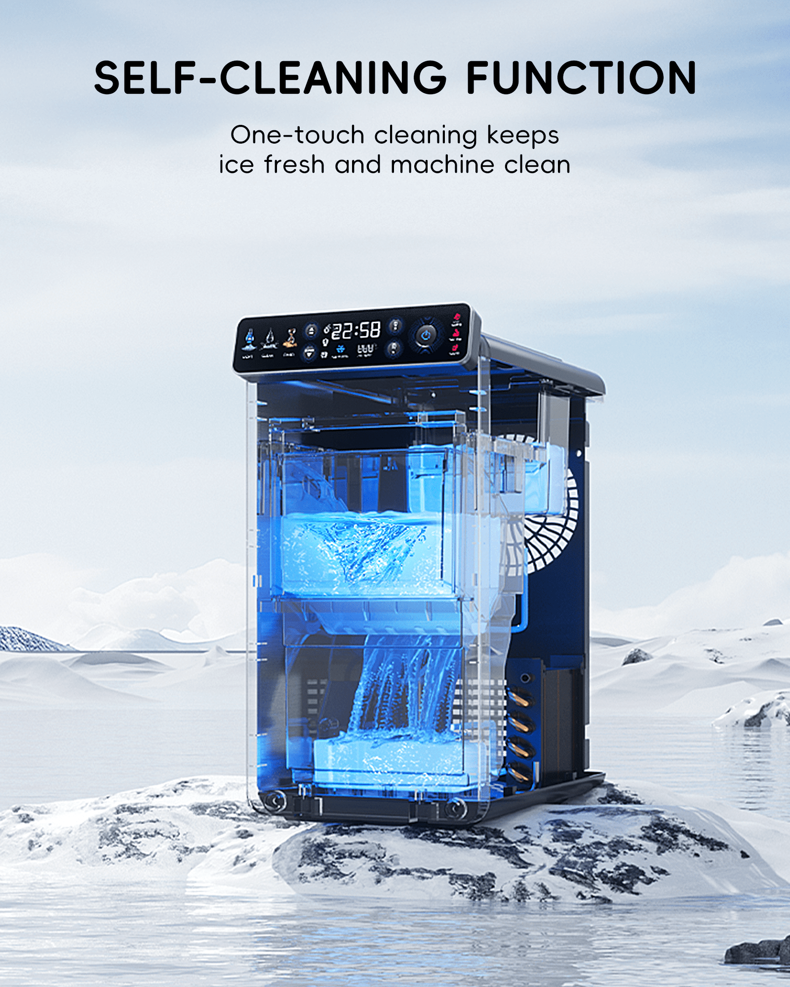 Ecozy Chillio Countertop Ice Maker, Smart Ice Machine with Full-Color Display Panel and Built-in Lighting, Produces 26lbs/24H, Dual-Layer Insulation, Two Ice Size, Portable Design