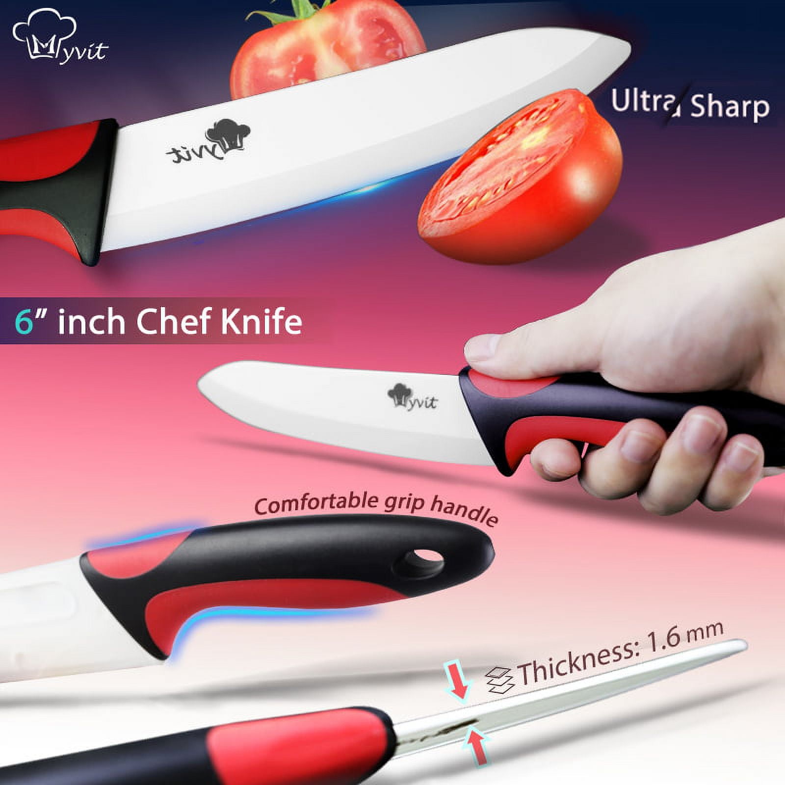 SENDAIST Set of 3 Sharp ceramic Kitchen Knives With Anti-slip handle &  sheath - 6A chef Knife, 5A Utility Knife and 3 Fruit Knife by Send