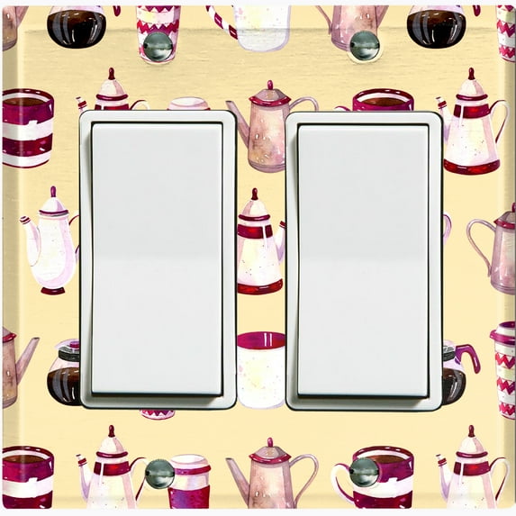 Metal Light Switch Wall Plate Outlet Cover (Coffee Mocha Espresso Tea Pot Kettle Maker Festive Cup Cream Pattern - Double Rocker)
