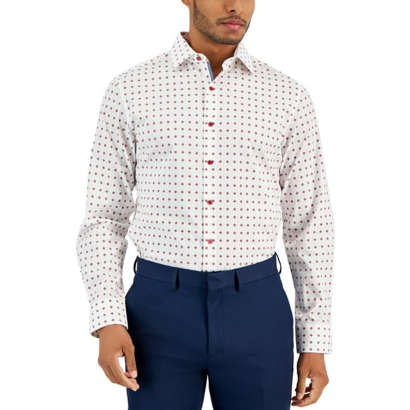 Bar III Dress Shirt Men's 14-14.5 32/33 White-Red Slim-Fit Geo Needlepoint