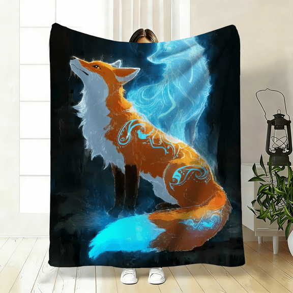 Cozy Fox Pattern Flannel Blanket, Soft Double-Sided Plush, Lightweight All-Season Throw for Sofa Bed Office Travel, Fun Print Home Decor Gift for Family