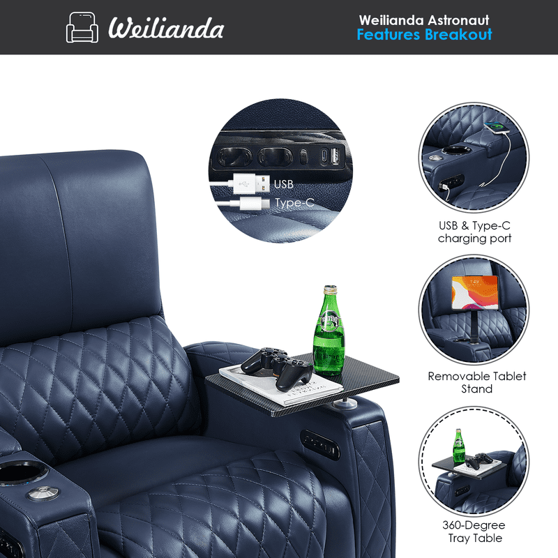 Weilianda Astronauts Reclining Sofa Electricity Recliner Zero Gravity Chair Top Grain Leather Movie Chair Gaming Sofa with Tray Table USB Charging Cup Holders,Row of 6 Blue