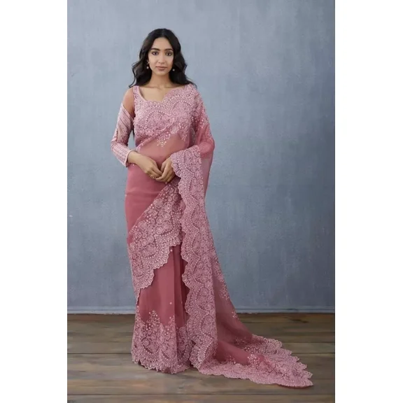 Sethi Trades Designer Organza Saree – Hand Embroidered with Dori Work & Cutwork Border