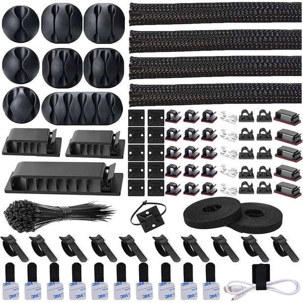 CxN NOROCME - Kit de gestión de cables (192 piezas), 4 fundas organizadoras de cables, 11 soportes para cables, 35 clips para cables, 10 + 2 correas organizadoras de cables en rollo y 100 bridas de