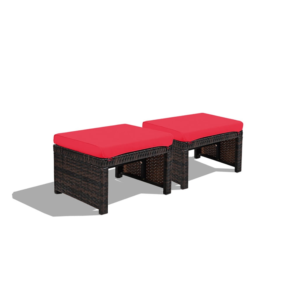 Aimee Lii 2 Pieces Patio Rattan Ottomans with Soft Cushion for Patio and Garden, Outdoor Patio Furniture Set, Red