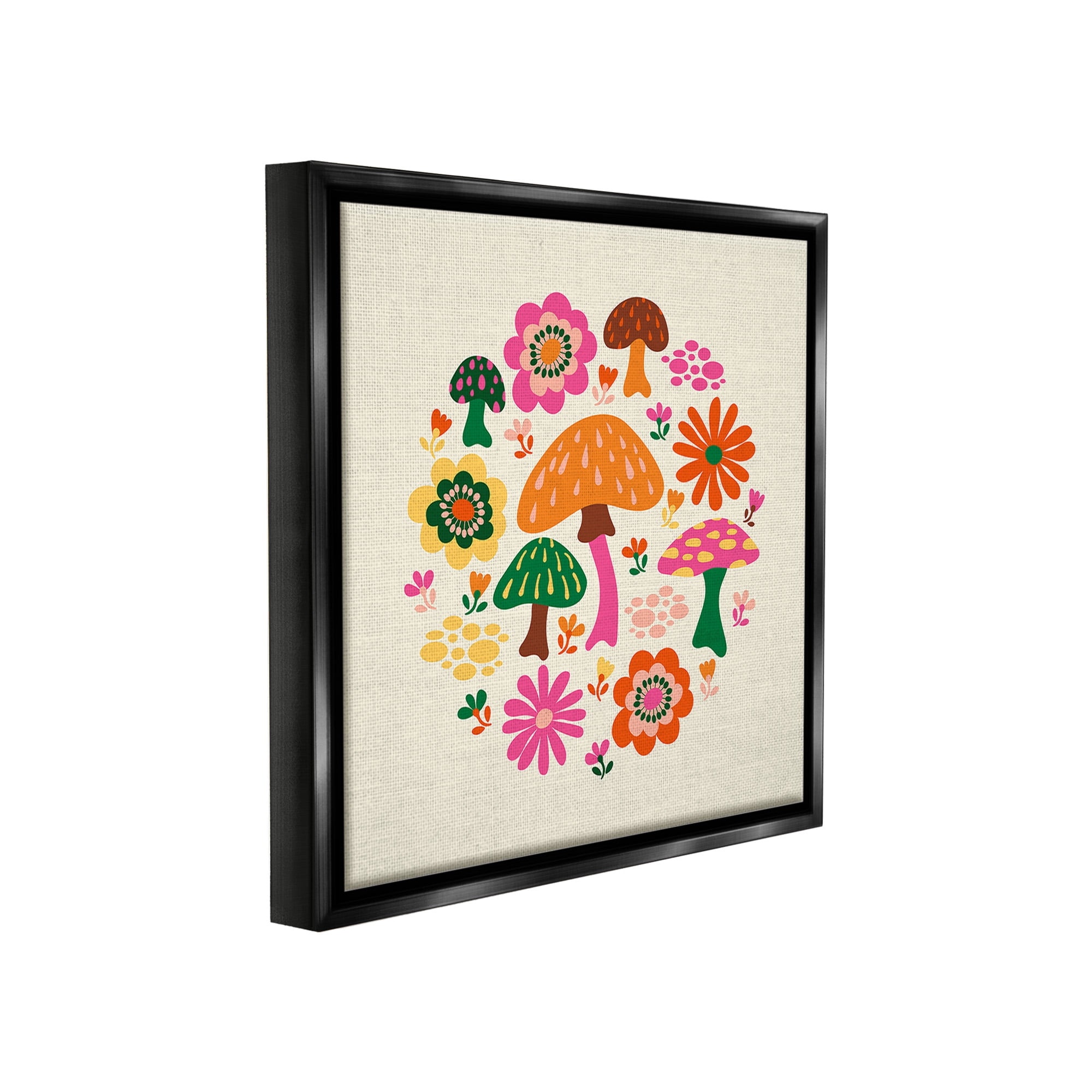 Stupell Industries Groovy Mushrooms & Daisies Botanical & Floral Painting Black Floater Framed Canvas Art Print Wall Art, 18 x 18