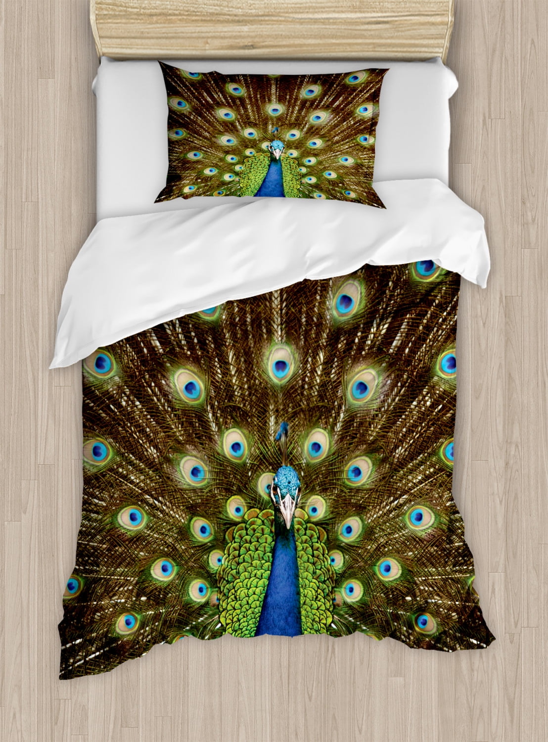 Peacock Duvet Cover Set, Portrait of Peacock with Feathers out Vibrant ...